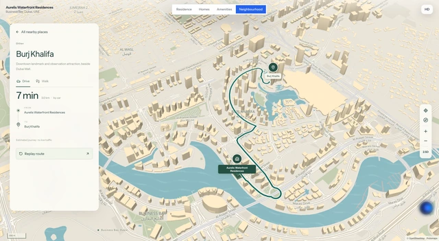 Selecting Burj Khalifa and following the animated route from Aurelis through Business Bay